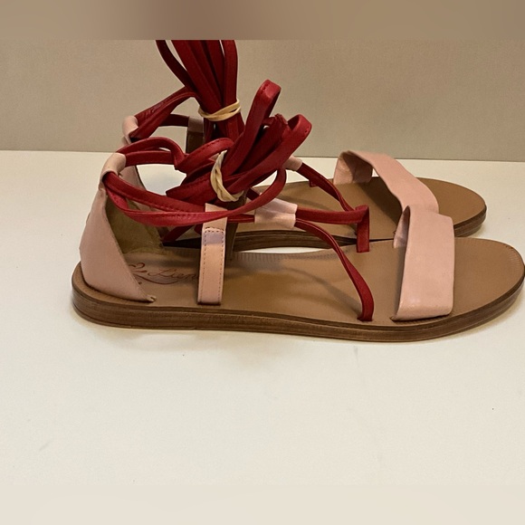 Anthropologie Liendo Pink Red Leather Sandals Strappy Flat Ankle Tie shoes - Picture 6 of 11